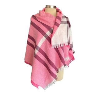 Talbots Pink Cream Brown Plaid Wool Blend Scarf Made in Italy Tartan Classic